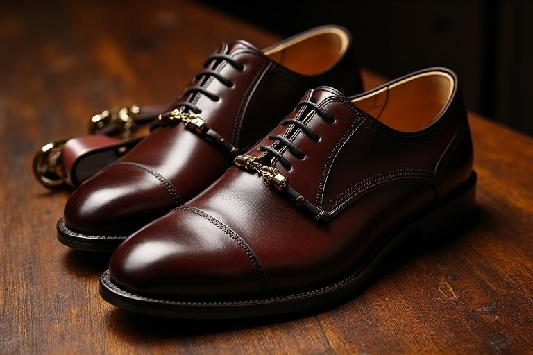 Scarpe in pelle fatte a mano e cintura coordinata su tappeto di lusso