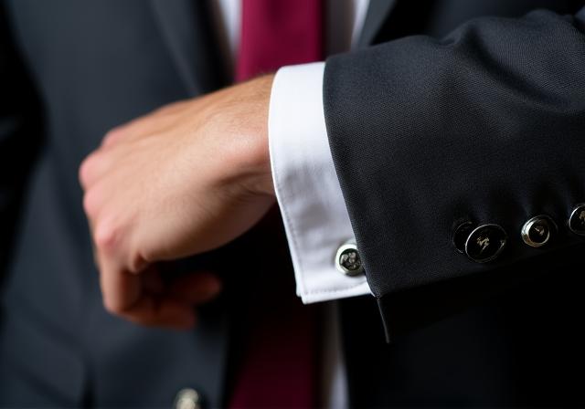 Dettaglio di cravatta, gemelli e orologio su una camicia bianca