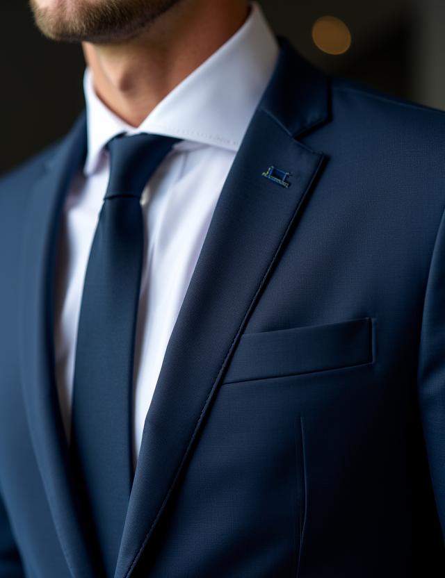 Dettaglio completo due pezzi blu navy e camicia tessuta