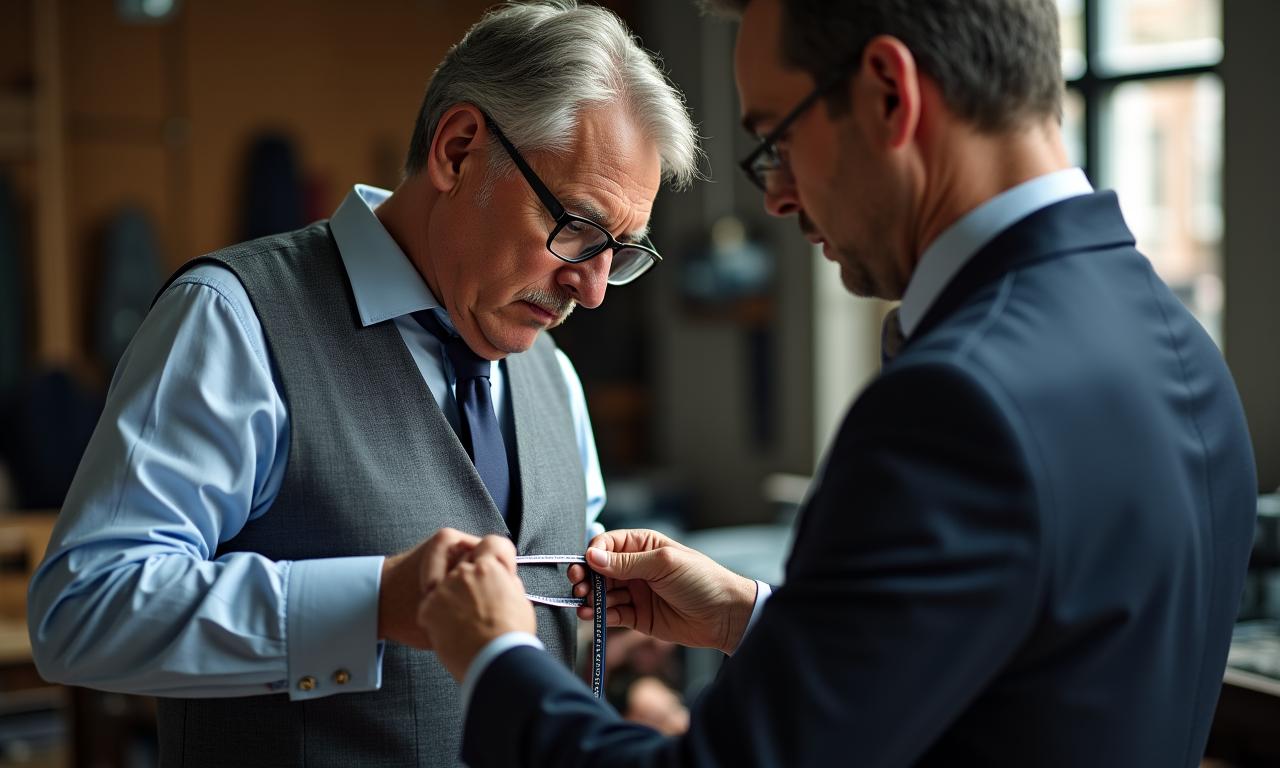 Sarto esperto che prende le misure per un abito da uomo in atelier
