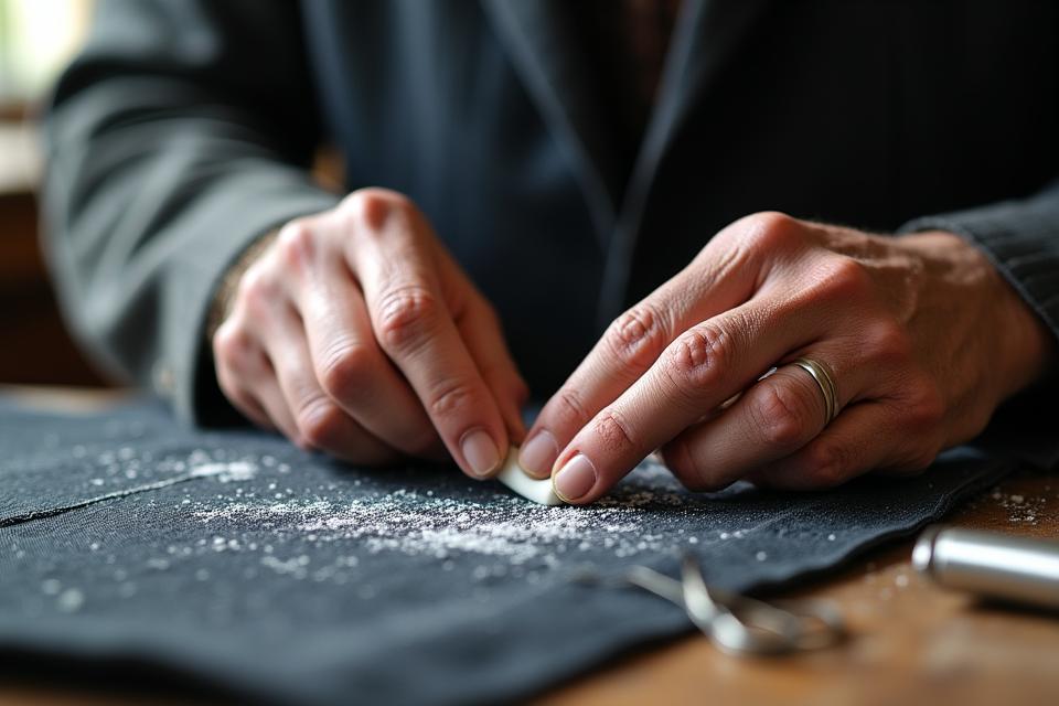 Dettaglio di un sarto esperto che lavora su un tessuto gessato