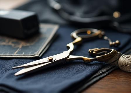 Dettaglio di un tessuto sartoriale e strumenti da taglio