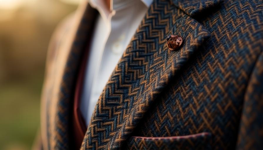 Giacca in tweed con trama a spina di pesce marrone e blu